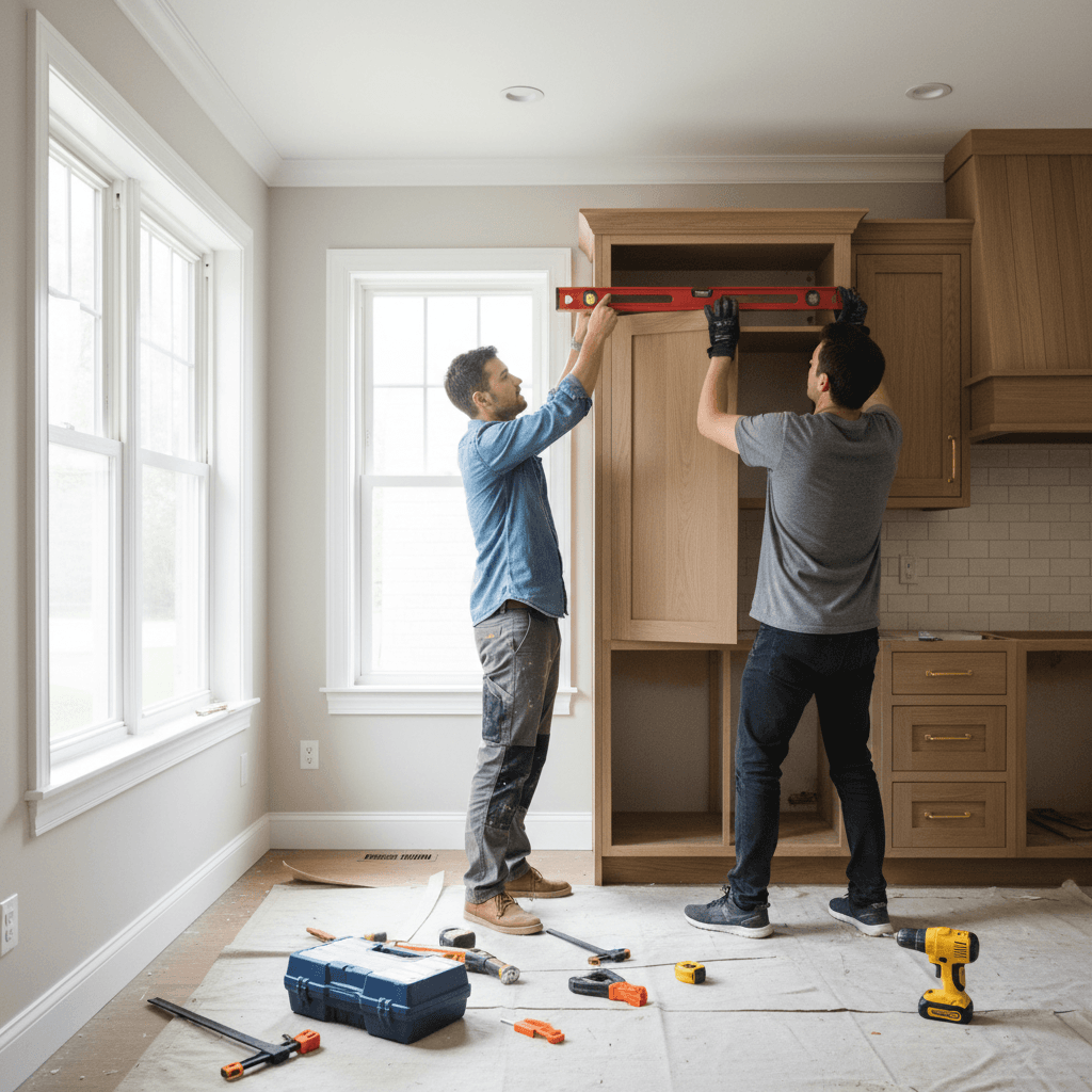 Professional cabinet installation with precision alignment