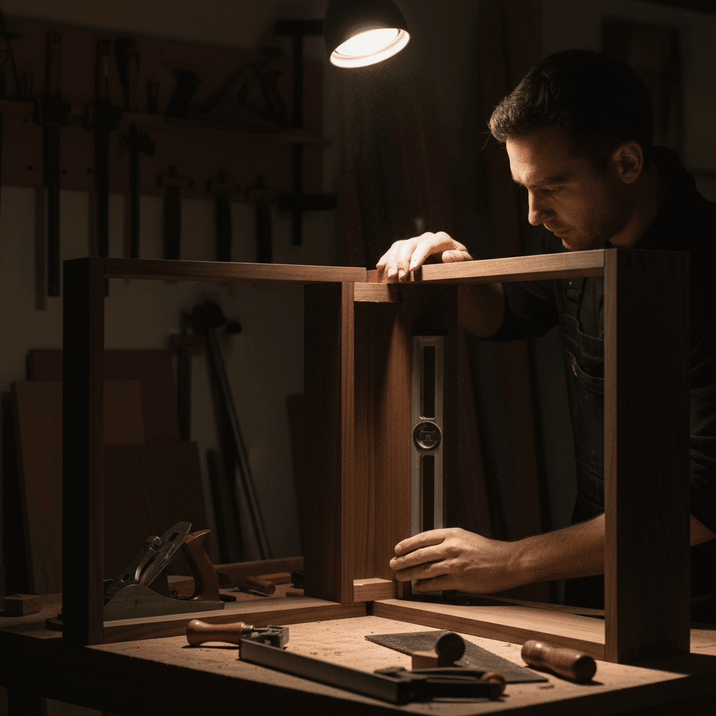Cabinet fabrication showing precision joinery and assembly