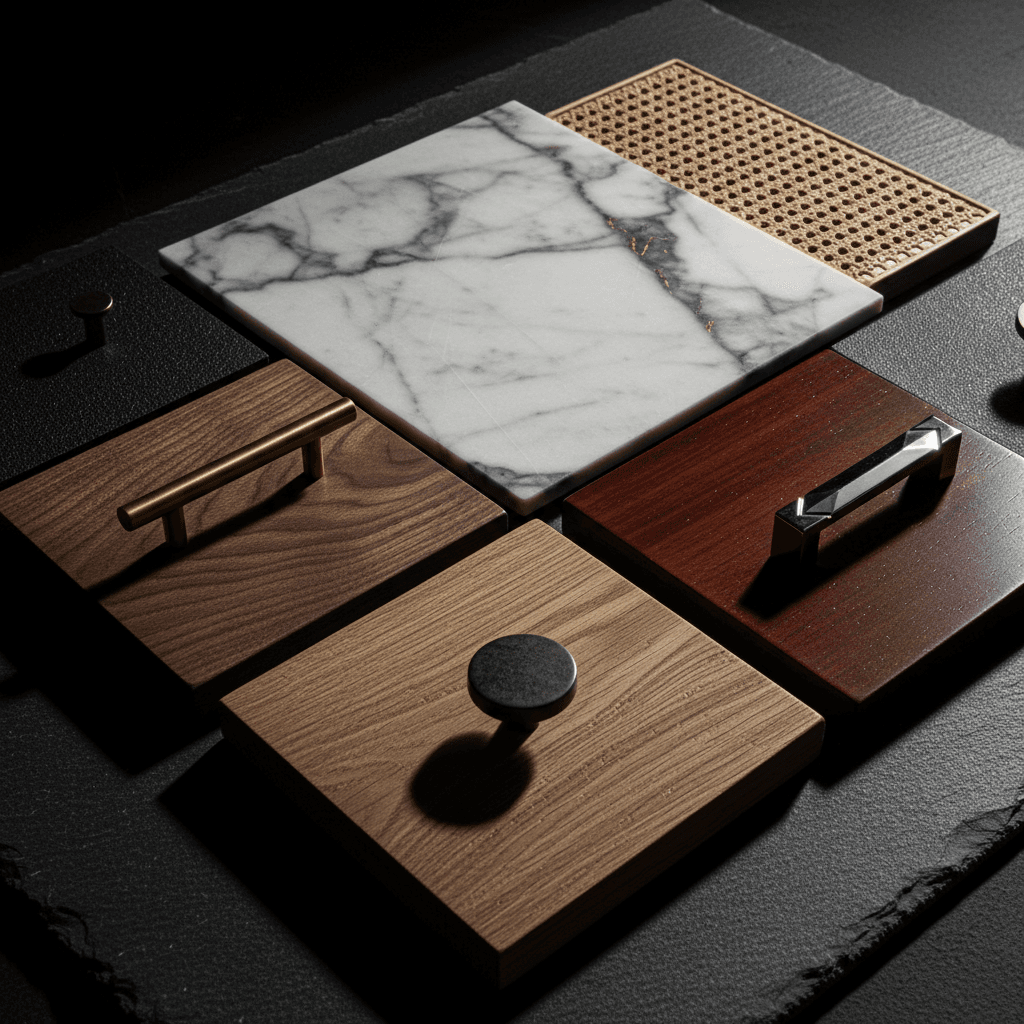 Premium wood samples and cabinet hardware material selection