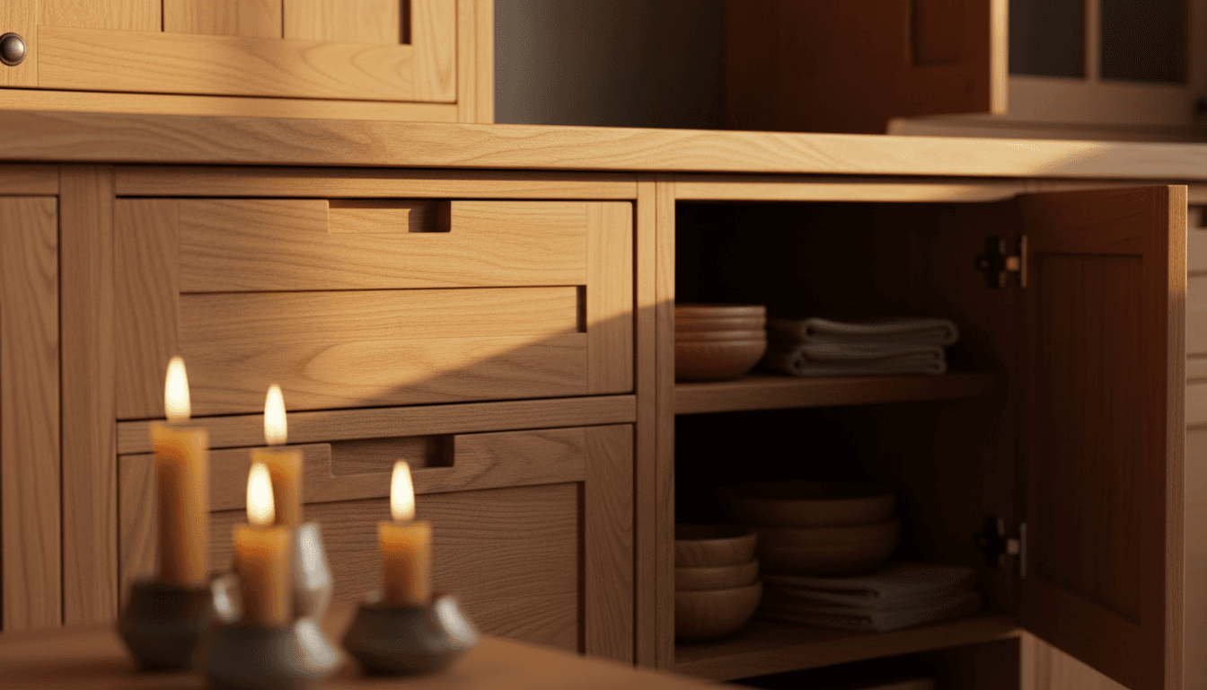 Close-up of custom wooden cabinet doors showing quality craftsmanship and warm wood finish