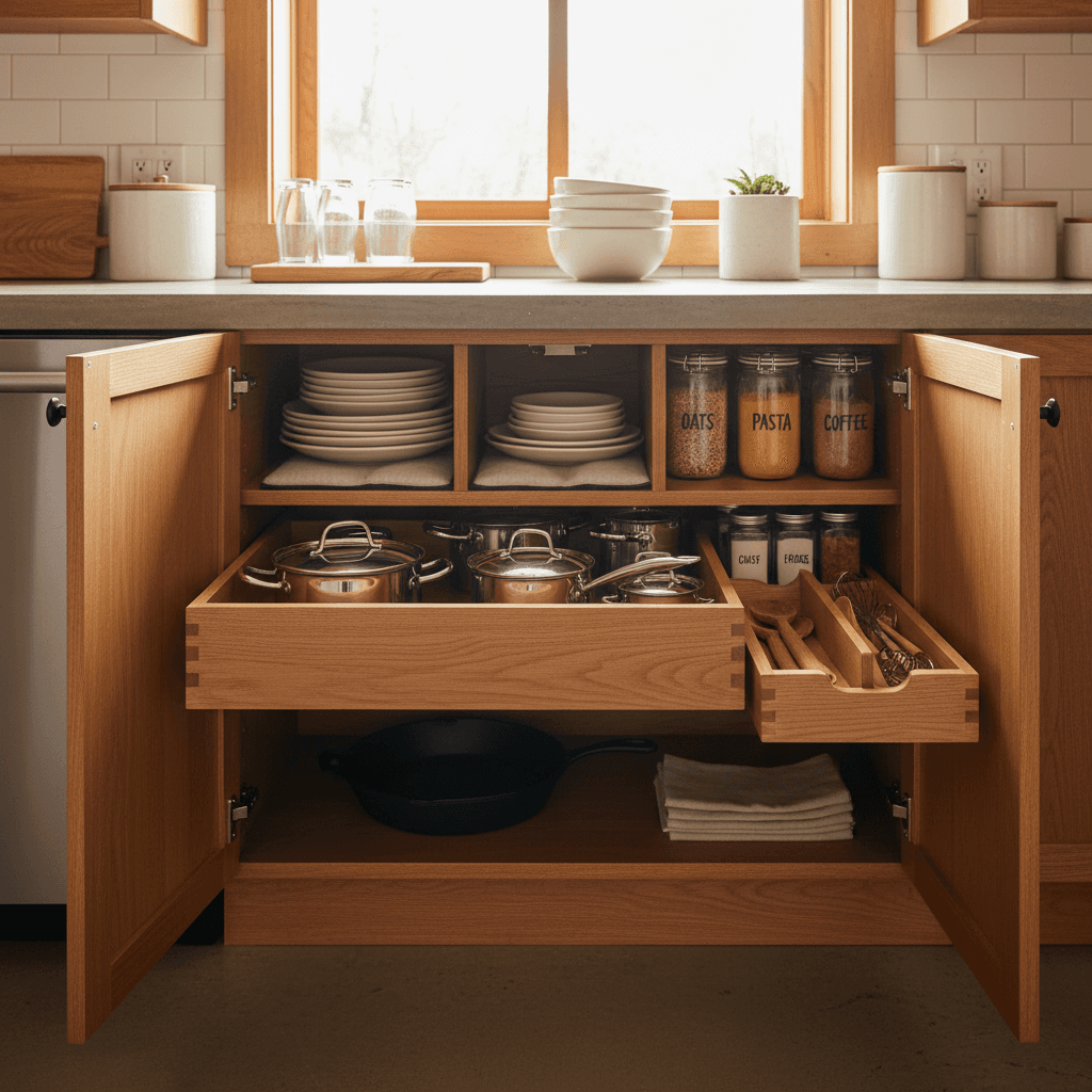 Organized cabinet interior with functional storage design