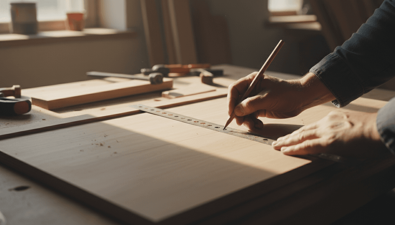 Custom cabinet fabrication showing precise measurement and carpentry work