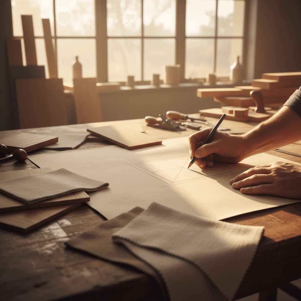 Custom cabinet design consultation with sketches and materials