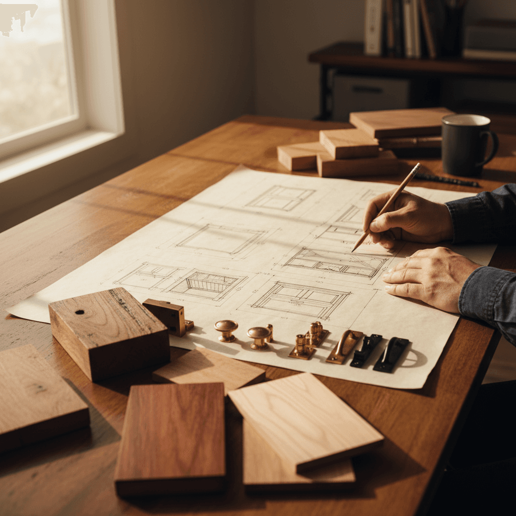 Custom cabinet design consultation with wood samples and sketches