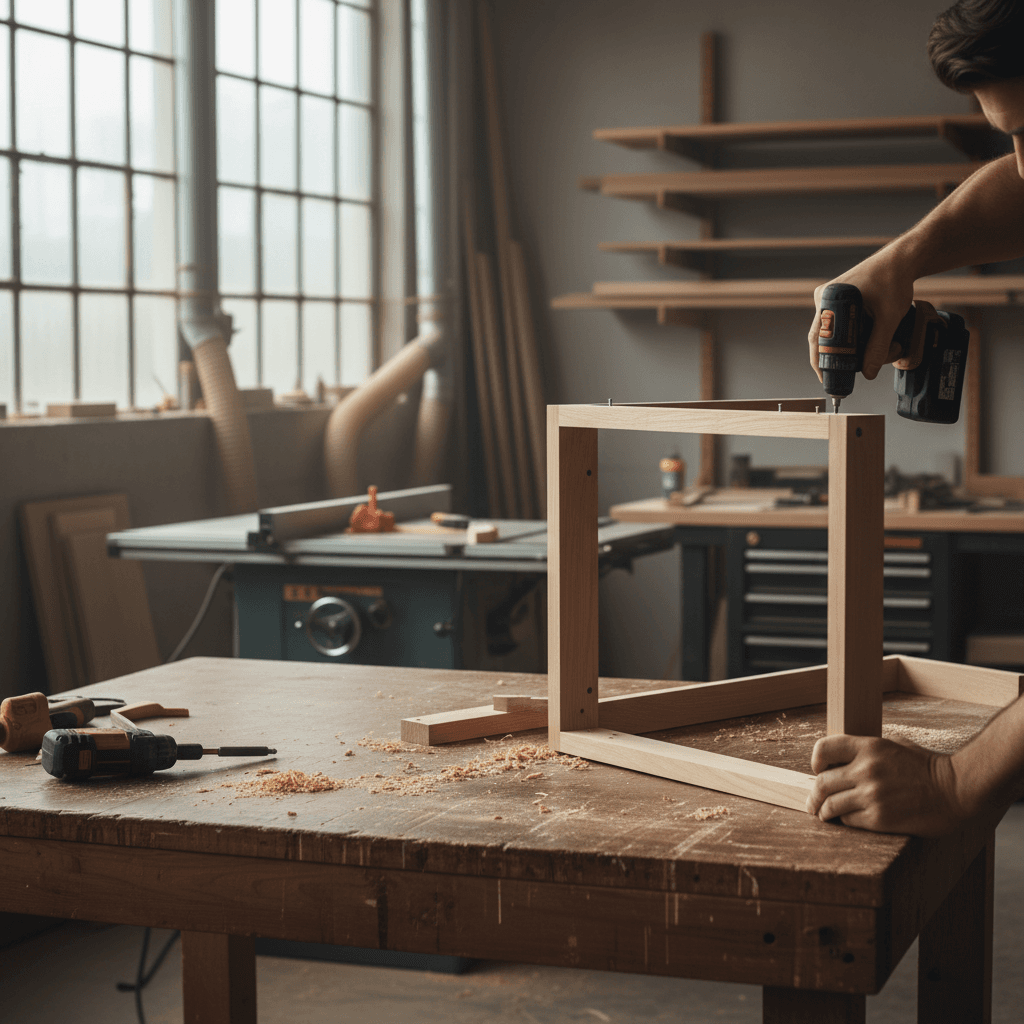 Cabinet maker assembling custom cabinet components in workshop