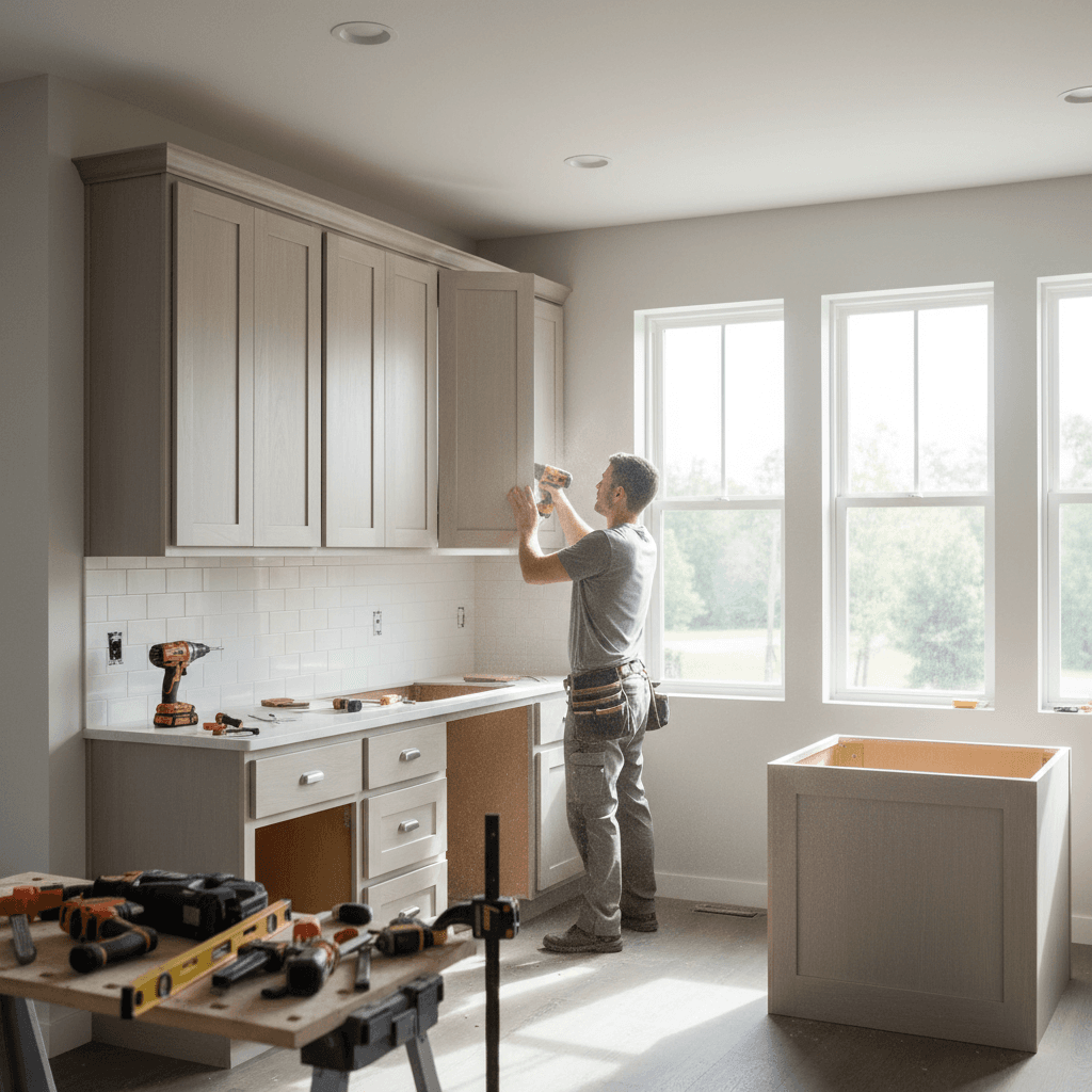 Professional cabinet installation in residential kitchen