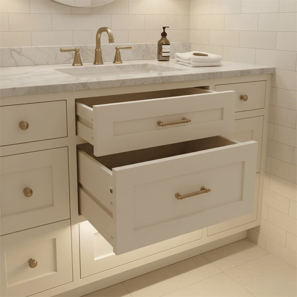 Custom bathroom vanity cabinet with integrated sink