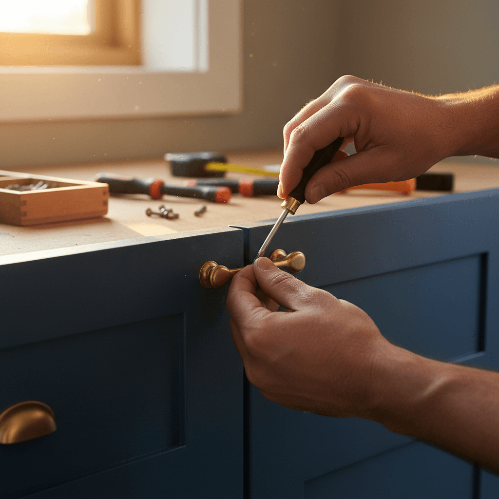 Cabinet installation detail with hardware adjustment