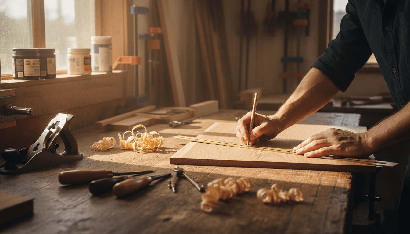 Craftsperson carefully measuring and marking custom cabinet panels on a wooden workbench with precision tools