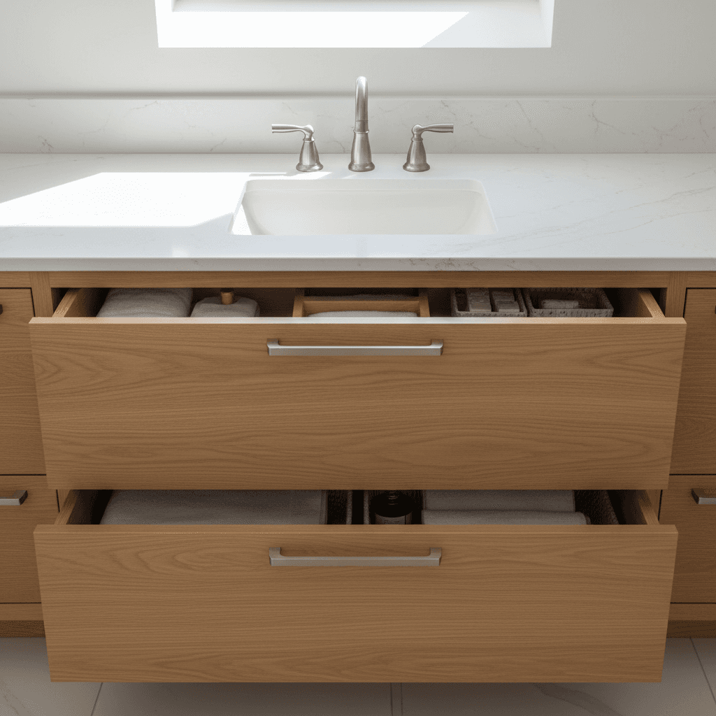 Professional bathroom vanity cabinet installation detail