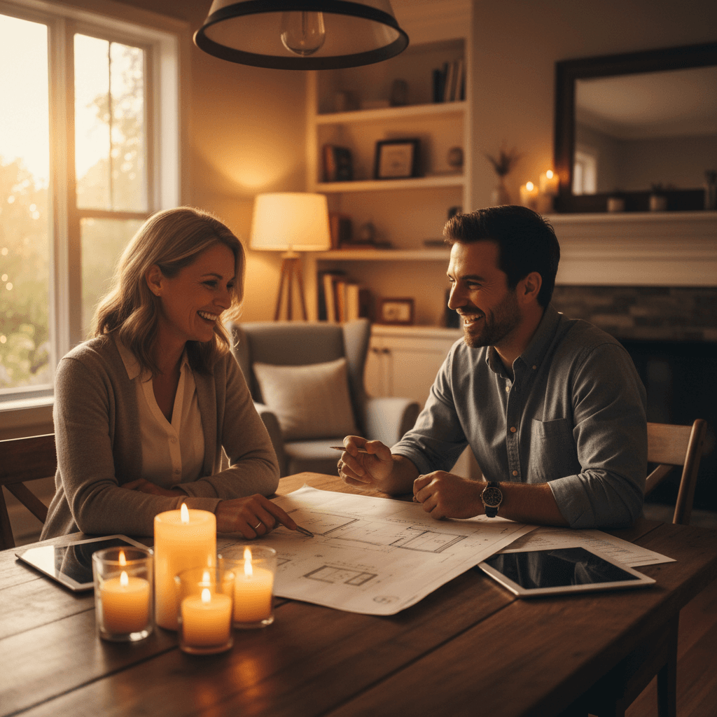 Homeowner reviewing cabinet design plans with designer