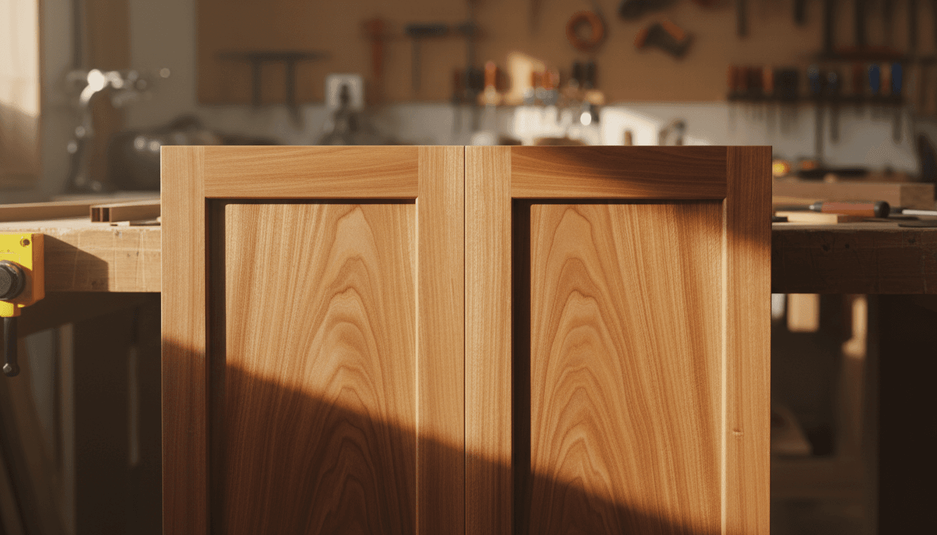 Close-up of finished wooden cabinet doors showing craftsmanship and wood grain detail